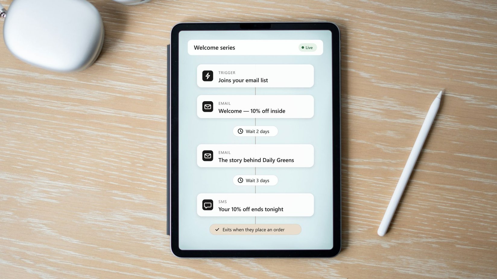 A tablet on a wooden desk showing an automated welcome flow — sign-up, a welcome email, a wait, a brand-story email and an SMS reminder